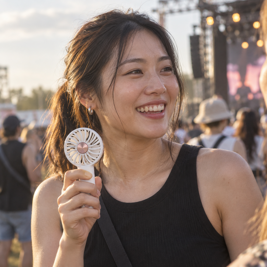 Airlo Handheld in white, day festival concept.